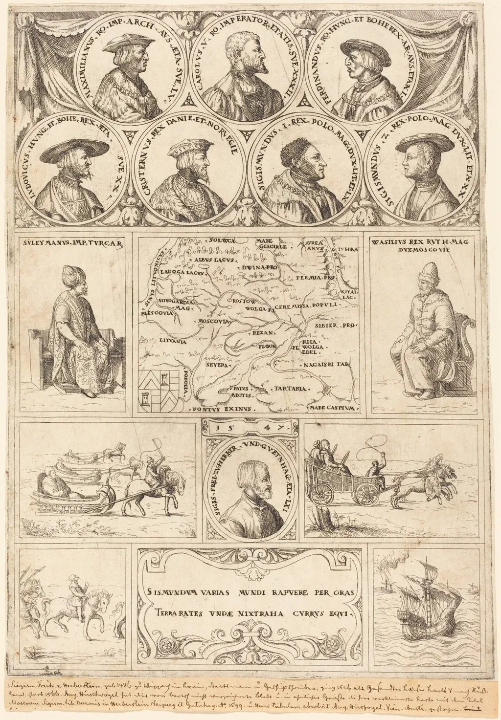 Map of Eastern Europe with portraits of Sigismund von Herberstein, Emperor Charles V, Emperor Maximilian I, Ferdinand of Hungary, Ludwig II of Hungary, Sigismund I of Poland, Sigismund II of Poland, Christian II of Denmark, Suleiman the Magnificent and Vasili III, Grand Prince of Moscow, and vignettes showing four journeys made by Herberstein, by Augustin Hirschvogel, ink, 1548