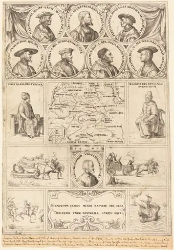 Map of Eastern Europe with portraits of Sigismund von Herberstein, Emperor Charles V, Emperor Maximilian I, Ferdinand of Hungary, Ludwig II of Hungary, Sigismund I of Poland, Sigismund II of Poland, Christian II of Denmark, Suleiman the Magnificent and Vasili III, Grand Prince of Moscow, and vignettes showing four journeys made by Herberstein, by Augustin Hirschvogel
