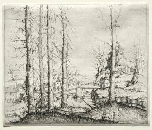 River Landscape with Five Bare Spruce Trees in the Foreground, by Augustin Hirschvogel