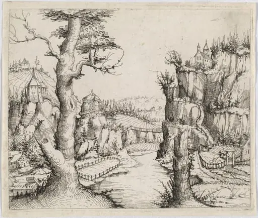 River Landscape with High Cliffs, by Augustin Hirschvogel