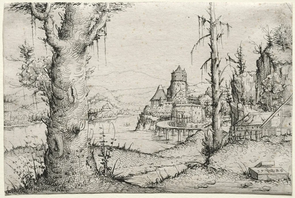River Landscape with Large Tree at Left, by Augustin Hirschvogel, 1546