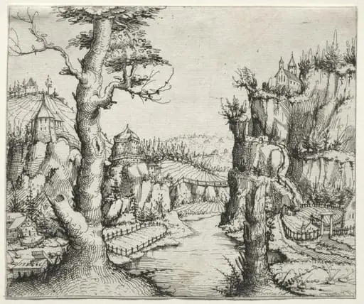 River Landscape with Rocks at Left and Right, by Augustin Hirschvogel