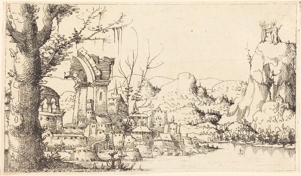 River Landscape with the Temptation of Christ, by Augustin Hirschvogel, ink, 1545