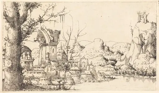 River Landscape with the Temptation of Christ, by Augustin Hirschvogel