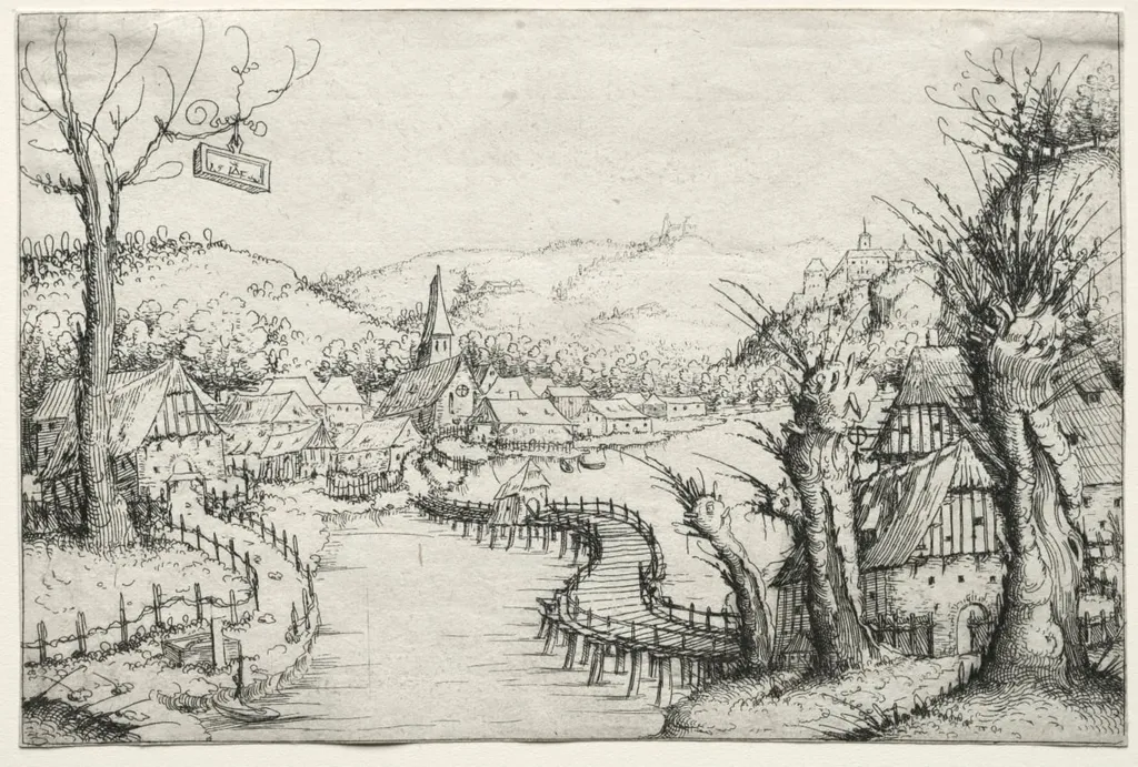 River Landscape with Three Bare Willow Trees at Right and a Long Winding Wooden Bridge at Center Leading to a Village, by Augustin Hirschvogel, 1546