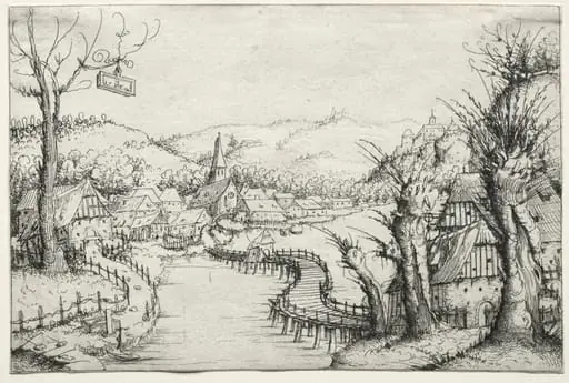 River Landscape with Three Bare Willow Trees at Right and a Long Winding Wooden Bridge at Center Leading to a Village, by Augustin Hirschvogel