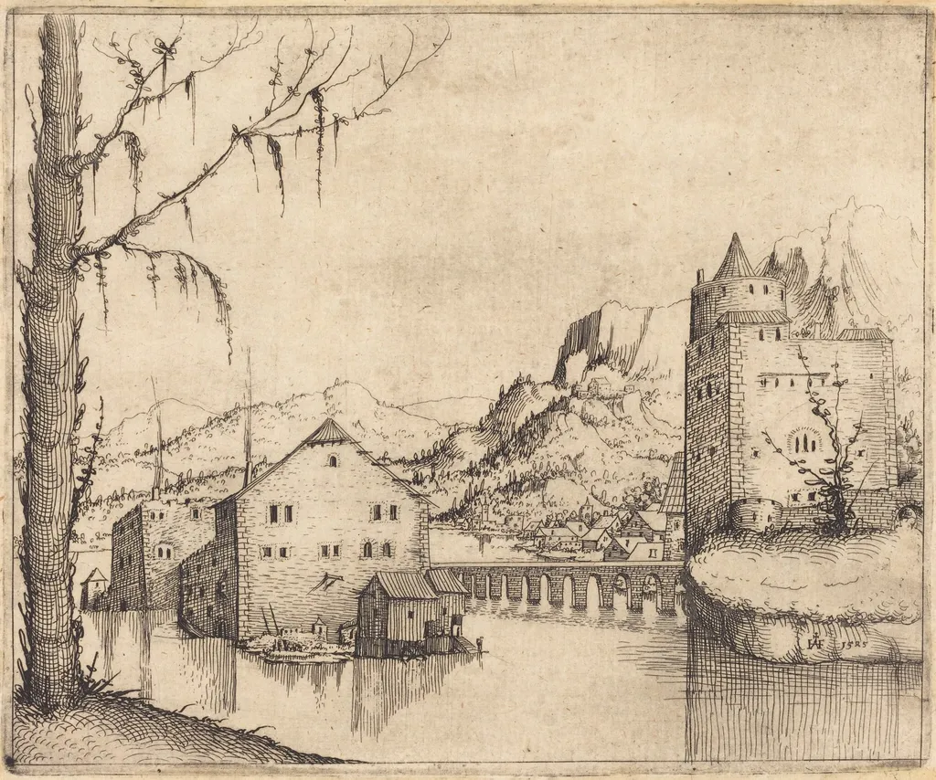 River Landscape with Two Buildings, by Augustin Hirschvogel, ink, 1545