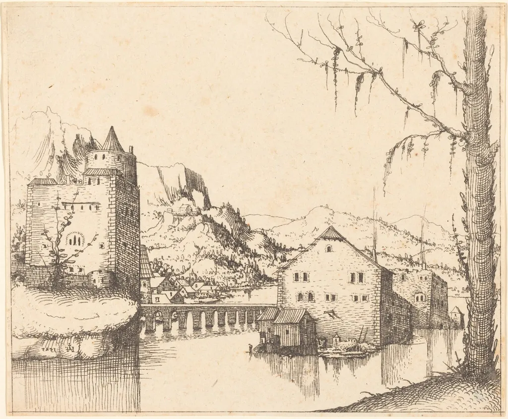 River Landscape with Two Buildings, by Augustin Hirschvogel, ink, 1545