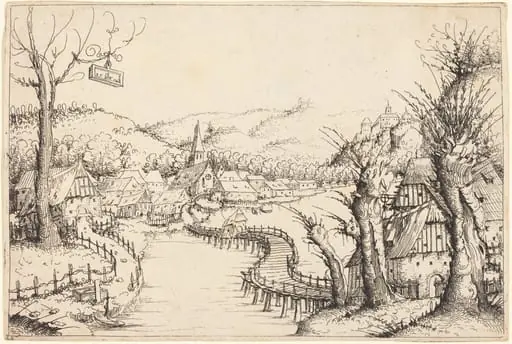 River Landscape with Wooden Bridge, by Augustin Hirschvogel
