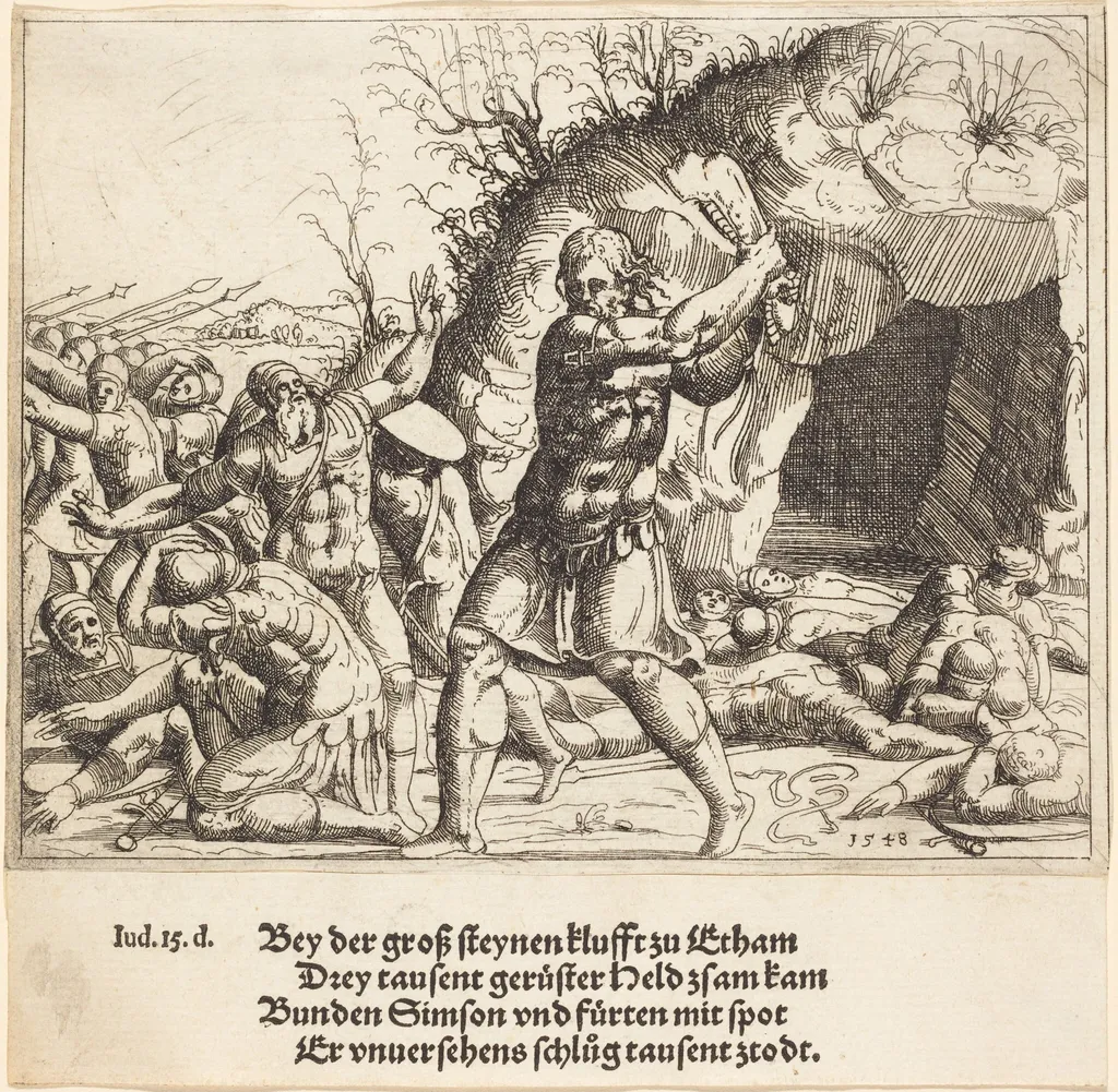 Samson Slays the Philistines, by Augustin Hirschvogel, ink, 1548