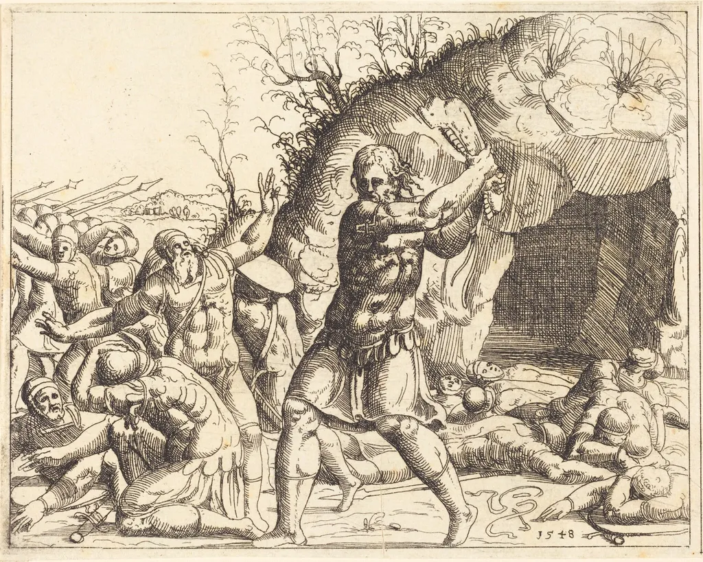 Samson Slays the Philistines, by Augustin Hirschvogel, ink, 1528