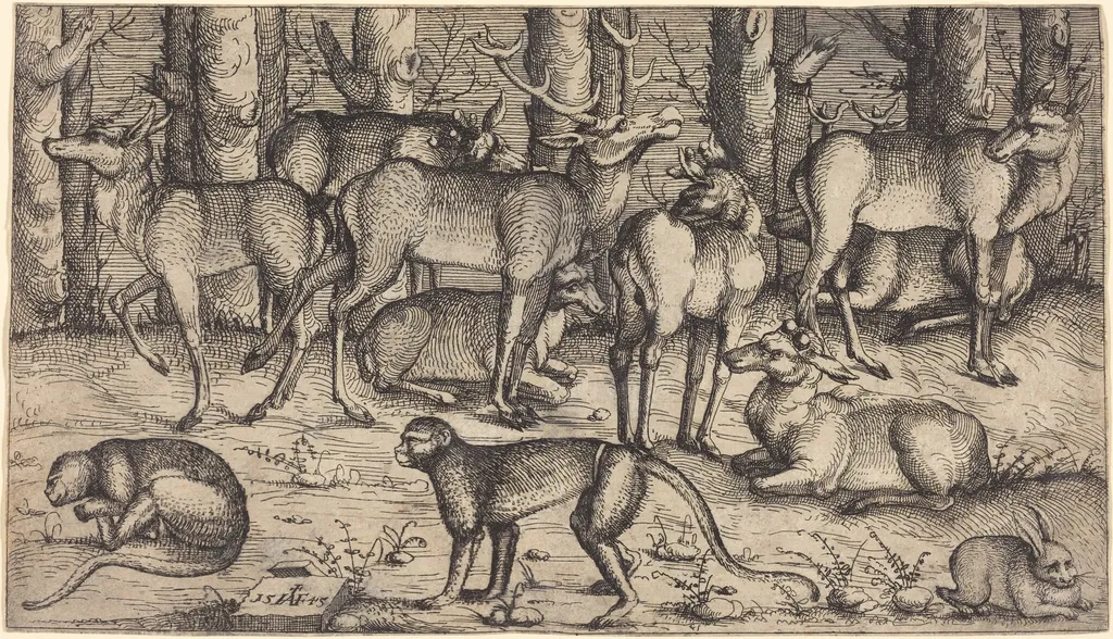 Stags in the Forest, by Augustin Hirschvogel, ink, 1545