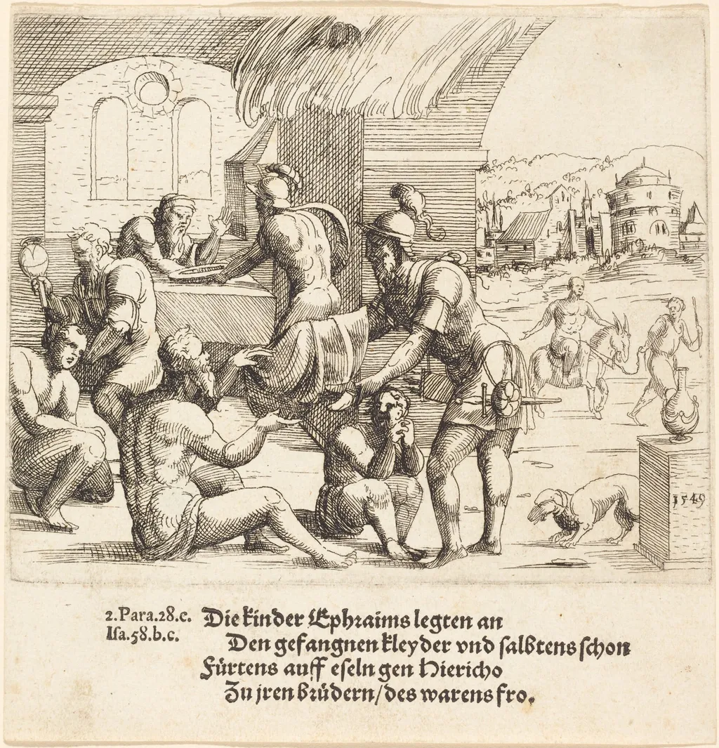 The Men of Ephraim Care for their Captives and Return Them to Jerico, by Augustin Hirschvogel, ink, 1549