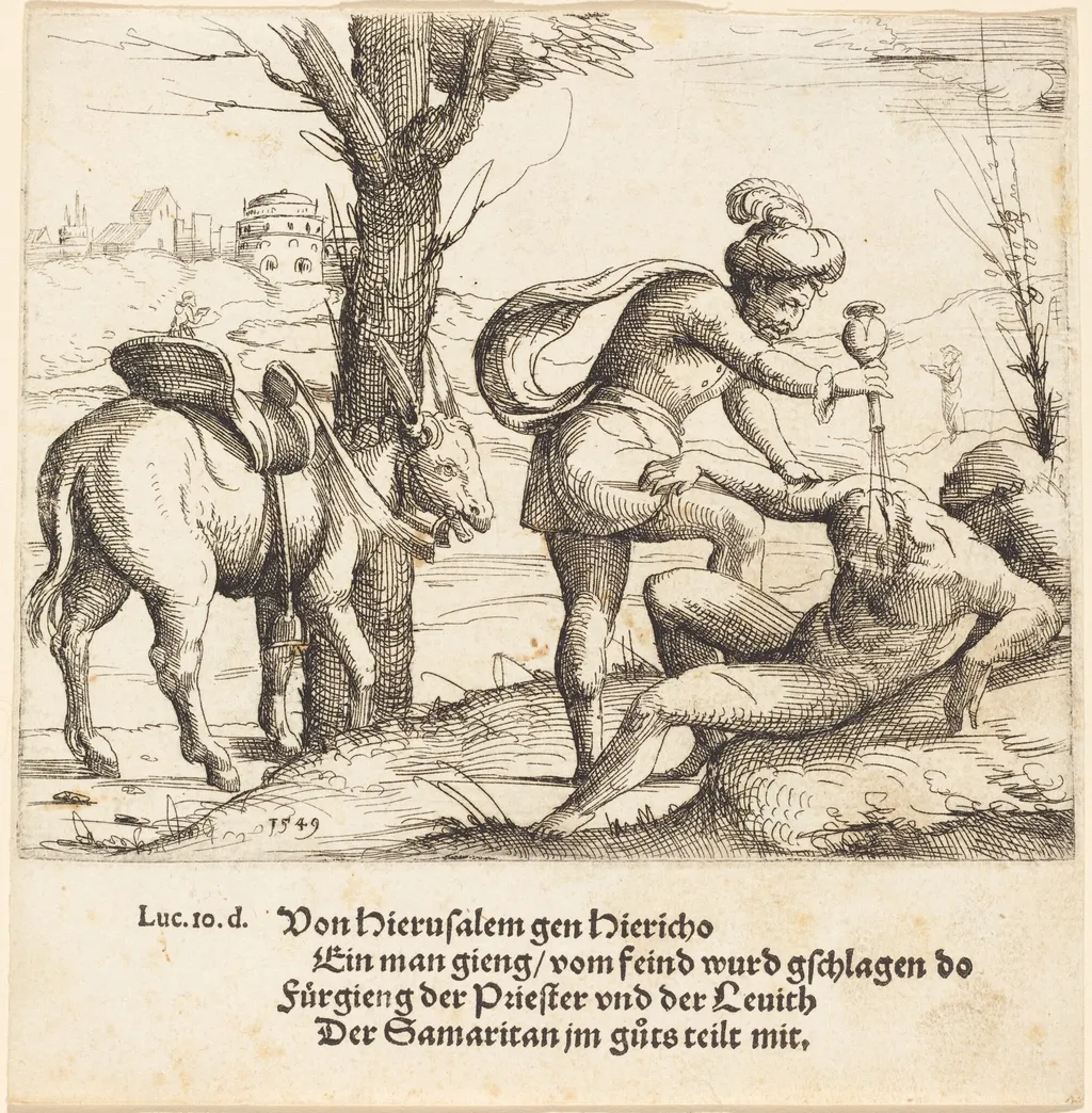 The Parable of the Good Samaritan, by Augustin Hirschvogel, ink, 1549