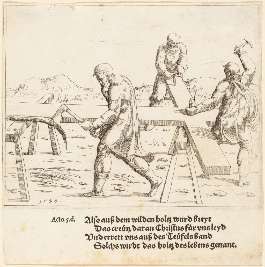 The Preparation of the Cross, by Augustin Hirschvogel, ink, 1548