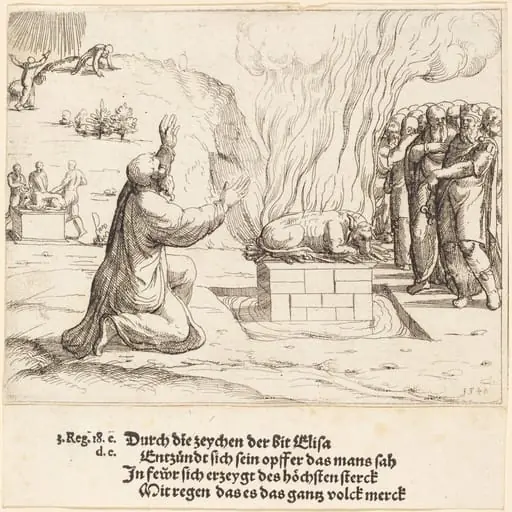 The Rival Sacrifices of Elijah and the Priests of Baal, by Augustin Hirschvogel