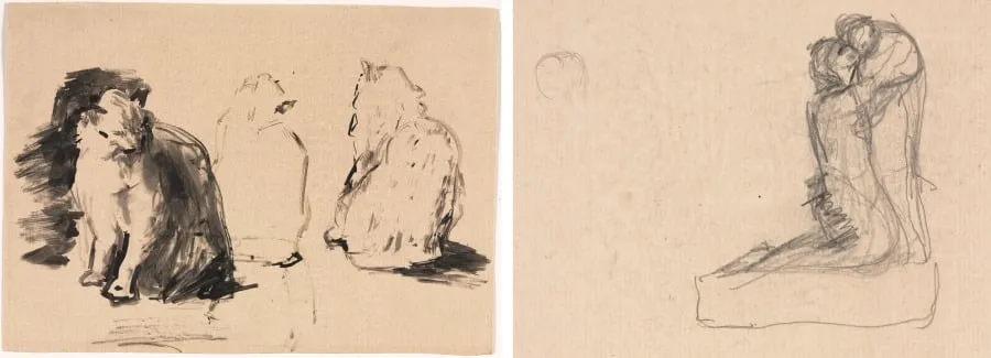 Cats (recto); Sketch of Two Figures Embracing (verso), by Augustin Théodule Ribot, 1867