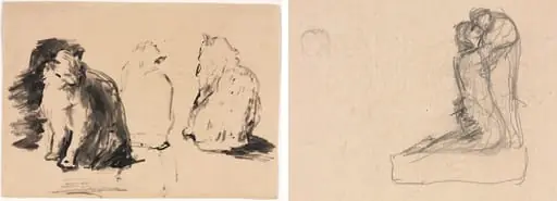 Cats (recto); Sketch of Two Figures Embracing (verso), by Augustin Théodule Ribot