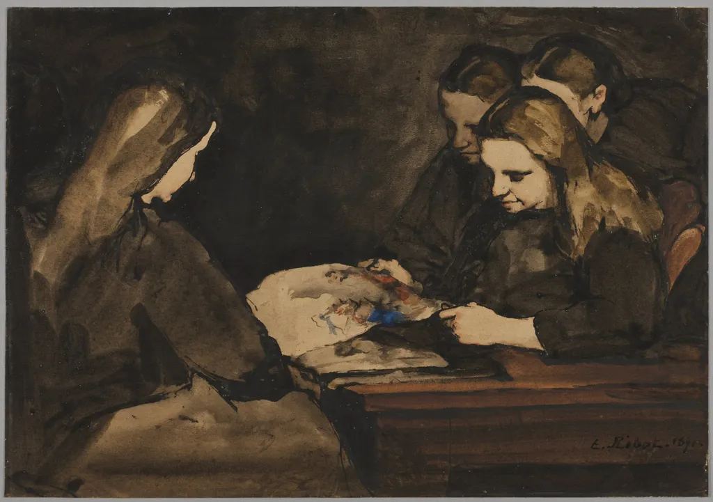 Four Girls Studying a Drawing, by Augustin Théodule Ribot, 1876
