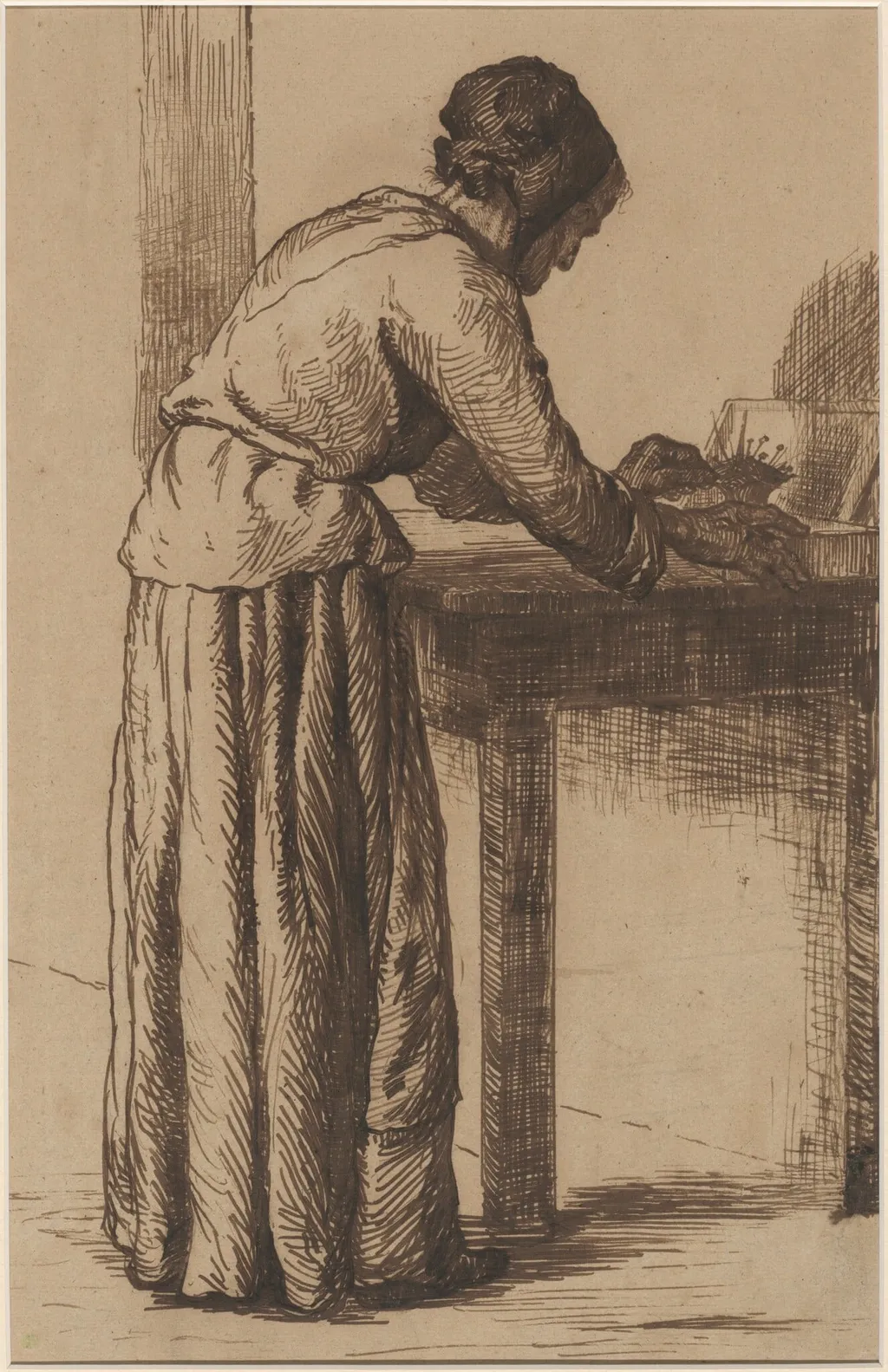 Old Woman Working, by Augustin Théodule Ribot, ink, 1860