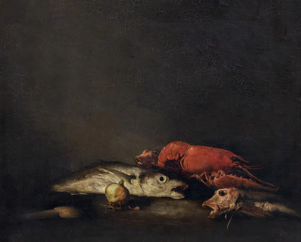 Stilleven met vissen en een kreeft, by Augustin Théodule Ribot, oil, 1850