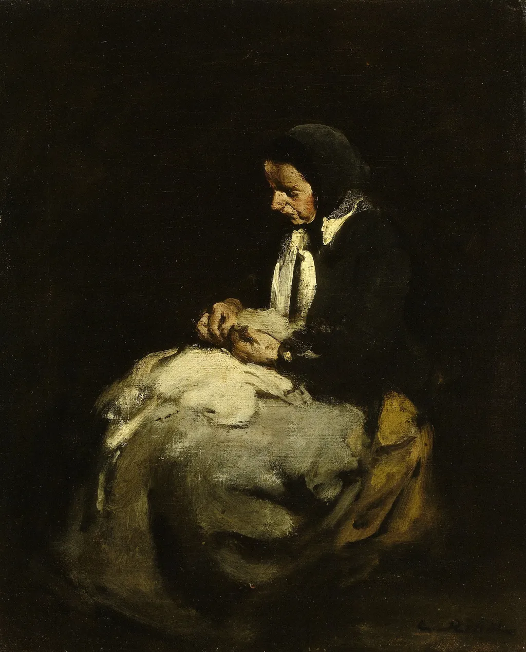 Woman sewing, by Augustin Théodule Ribot, oil, 1850