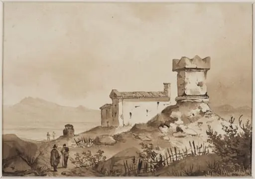 Italian landscape, with an ancient Roman sarcophagus, by Augustus Wall Callcott