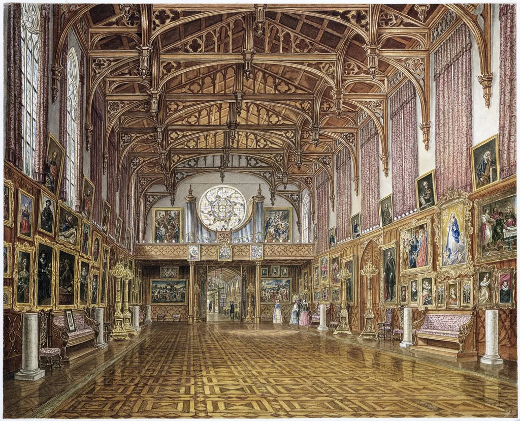 Interior of the Gothic Hall, Kneuterdijk Palace, The Hague, by Augustus Wijnantz, watercolor, 1846