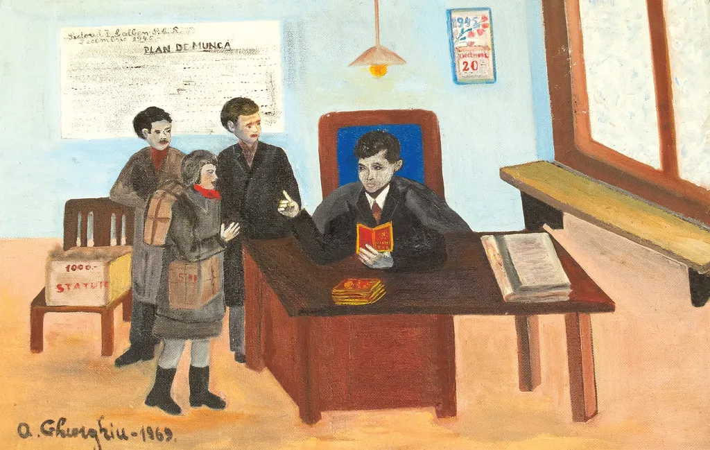 Tablou, ulei pe carton, UTC - iști, semnat A.Gheorghiu și datat 1969 în partea stângă jos. Este prezentat un moment din trecutul revoluțional a lui Nicolae Ceaușescu - o ședință a UTC din Sectorul Galben din decembrie 1945 privind distribuirea statutelor PCR. Oferit de Întreprinderea Cinematografică București la 27 decembrie 1971., by Aurelia Gheorghiu