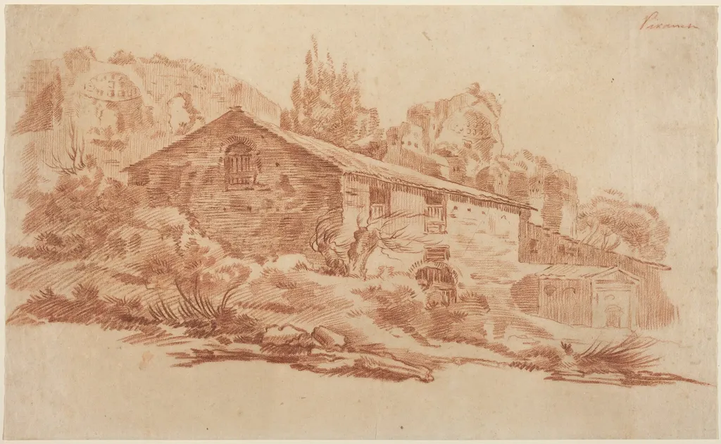 Rustic Building among Roman Ruins, by Aureliano Milani, chalk, 1712