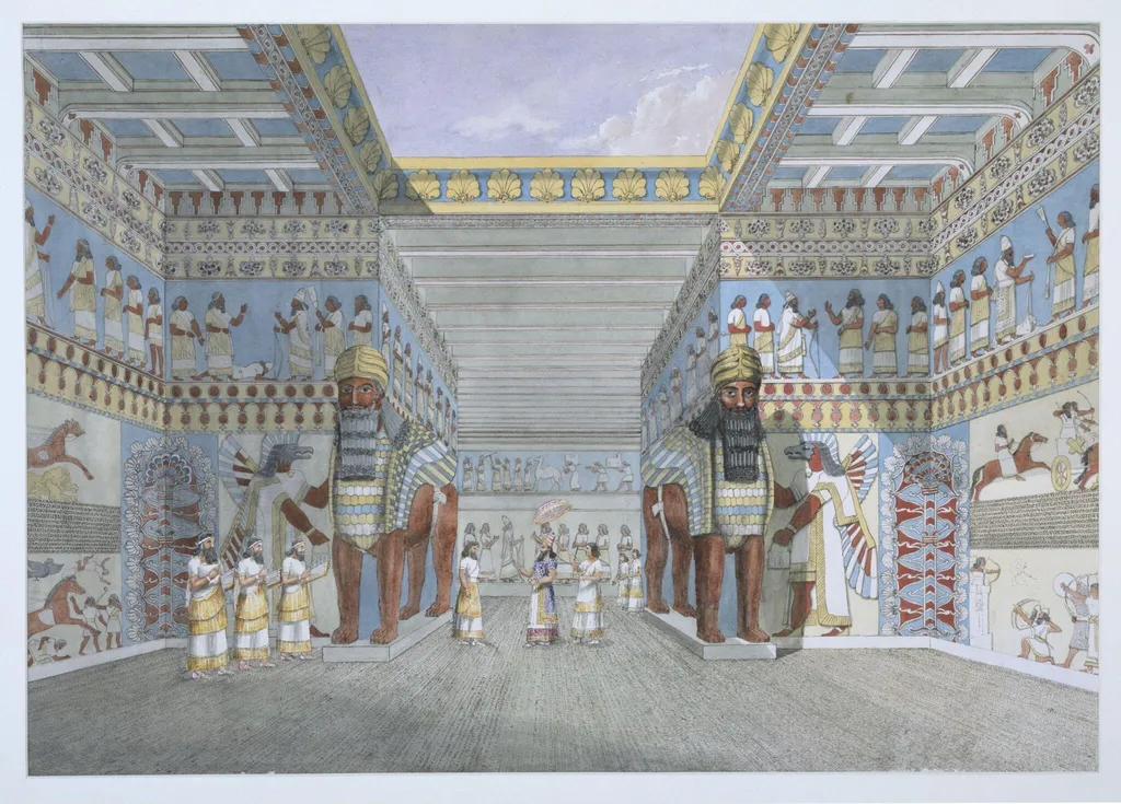 A Hall In An Assyrian Temple Or Palace, Restored From Actual Remains, And From Fragments Discovered In The Ruins, by Austen Henry Layard, watercolor, 1849