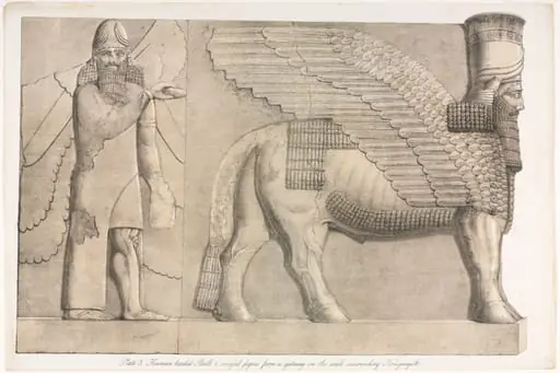 Monuments of Ninevah: Plate 3, Human-headed Bull and Winged Figure from a Gateway in the Wall Surrounding Kouyunjik (Quyunjik), by Austen Henry Layard
