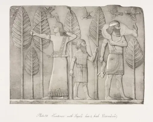 Monuments of Ninevah: Plate 32, Huntsmen with Gazelle, Hare and Birds (Khorsabad), by Austen Henry Layard