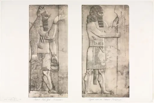 Monuments of Ninevah: Plate 6, Fish-god (Nimroud); Figure near an Entrance (Kouyunjik), by Austen Henry Layard