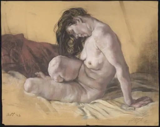 Female nude seated on a bed, by Austin Osman Spare