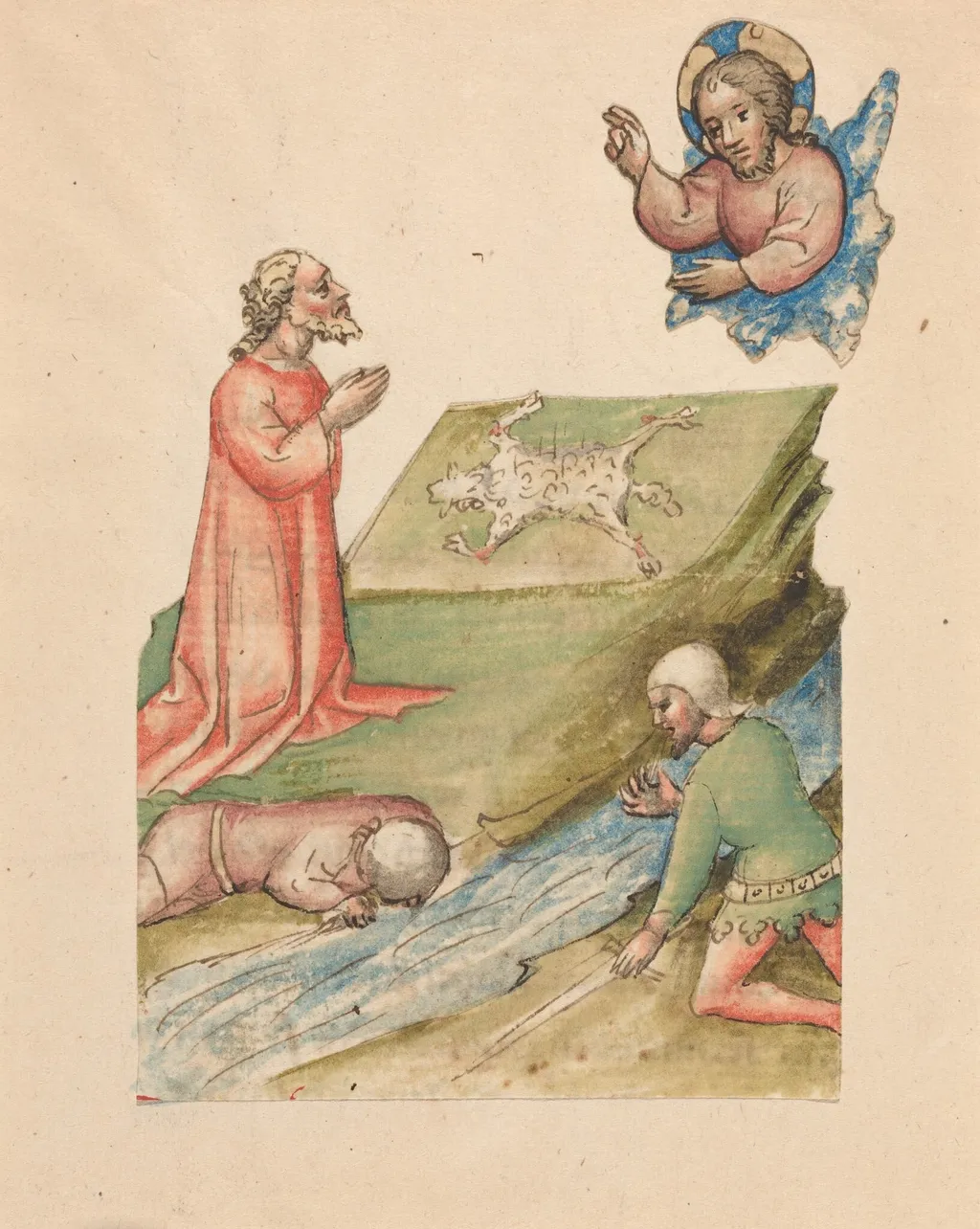 Gideon and the Fleece, with the Selection of Gideon's Army, by Austrian 15th Century, ink, 1425