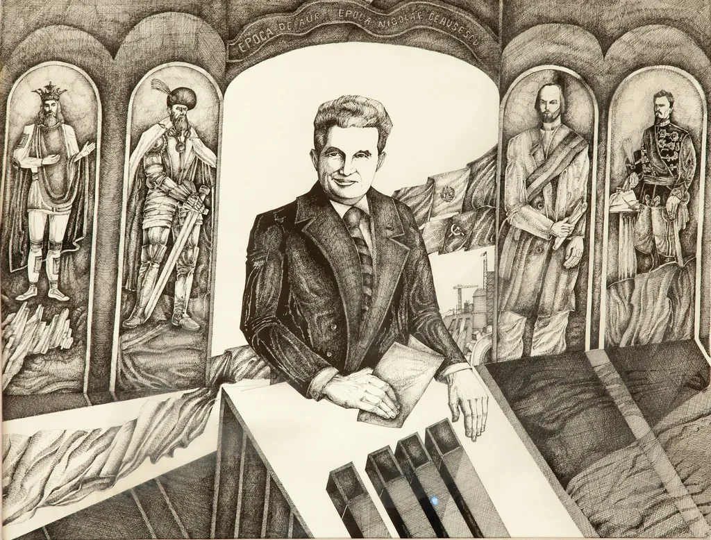 Tablou ”Nicolae Ceaușescu și eroii neamului”. Tabloul îl înfîțișază pe Nicolae Caușescu, în fundal sunt reprezentate patru personaje istorice Mircea cel Bătrân, Mihai Viteazul (stânga), Nicolae Bălcescu și Alexandru Ioan Cuza (dreapta). Comandat de Comitetul Județean de Partid Bistrița Năsăud și oferit în ianuarie 1989., by Autor necunoscut