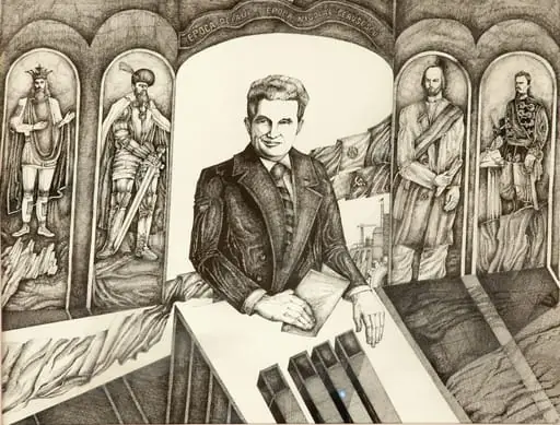 Tablou ”Nicolae Ceaușescu și eroii neamului”. Tabloul îl înfîțișază pe Nicolae Caușescu, în fundal sunt reprezentate patru personaje istorice Mircea cel Bătrân, Mihai Viteazul (stânga), Nicolae Bălcescu și Alexandru Ioan Cuza (dreapta). Comandat de Comitetul Județean de Partid Bistrița Năsăud și oferit în ianuarie 1989., by Autor necunoscut