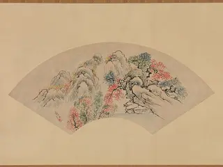 池(徳山)玉瀾筆   秋山水図扇面|Autumnal Landscape with a Waterfall