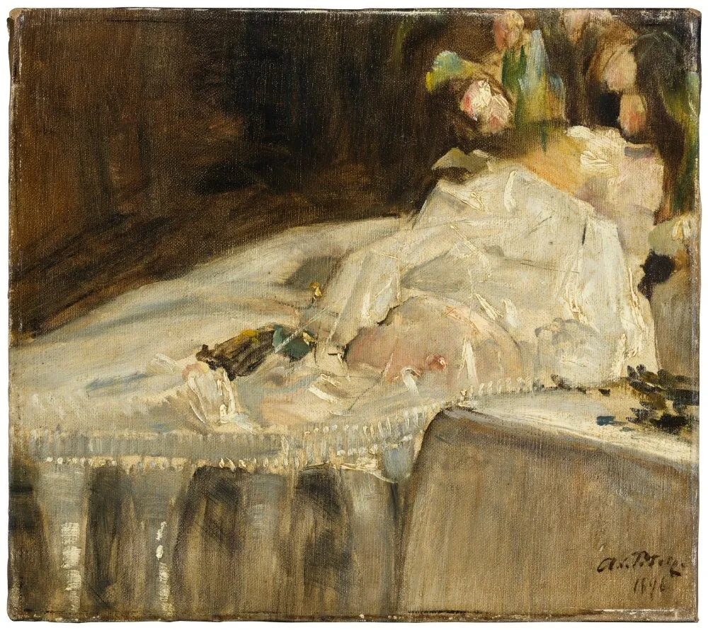 The Artist’s Son on lit de parade, by Axel Peter, oil, 1898