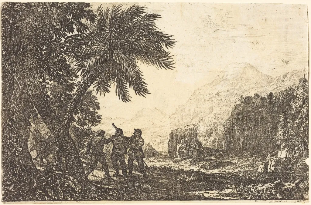 Landscape with Brigands (Scène de brigands), by Claude Lorrain, ink, 1633