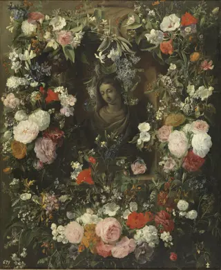 Garland surrounding the Virgin Mary, by Nicolaes van Verendael, oil, 1640