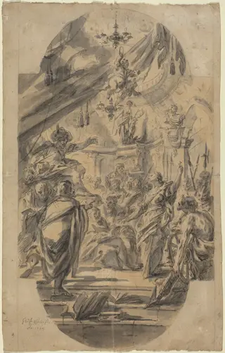 The Disputation of Saint Catherine of Alexandria, by Georg Wilhelm Neunhertz, ink, 1727