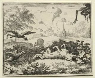 Reynard the Fox:  Reynard Feigns Death, by Allart van Everdingen, 1662