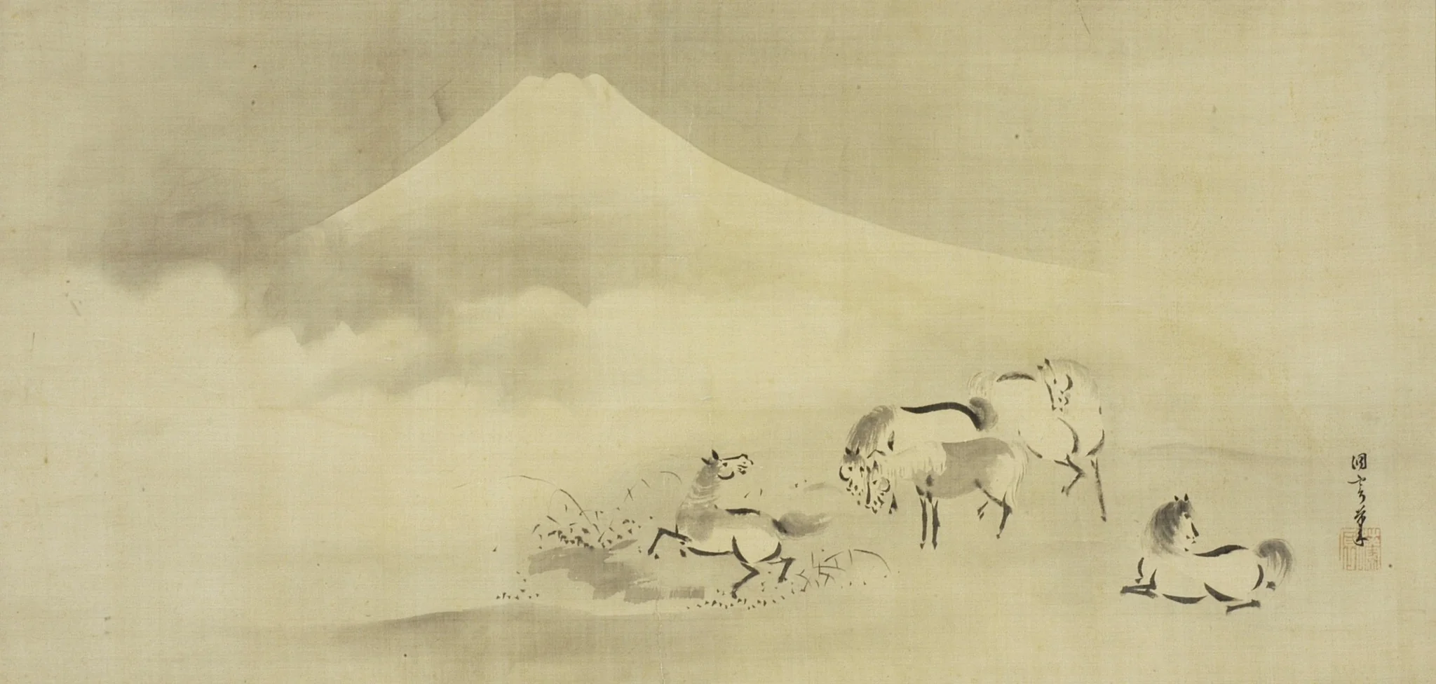 Frolicking Horses under Mt. Fuji, detail