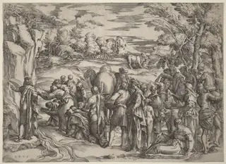 Moses Striking the Rock, by Battista Franco, ink, 1530
