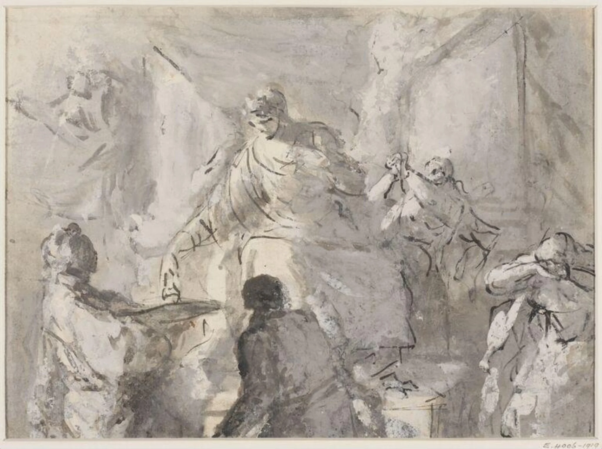 A seated figure receiving an offering, detail