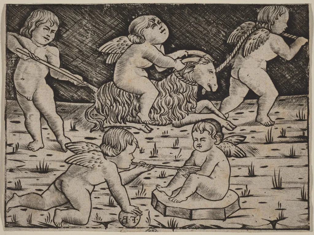 Five Cupids Playing, by Master F.B., ink, 1488