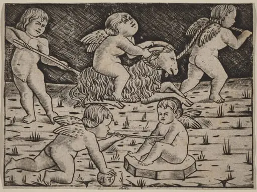 Five Cupids Playing, by Master F.B., ink, 1488
