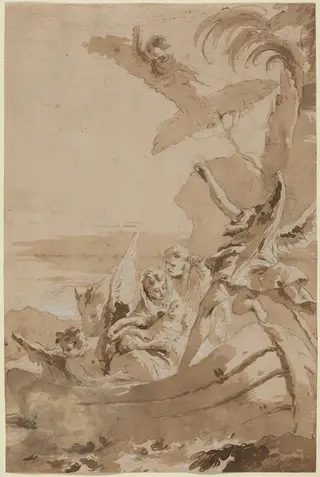 The Flight into Egypt with the Holy Family and Two Angels in a Skiff, by Giustino Menescardi, ink, 1748